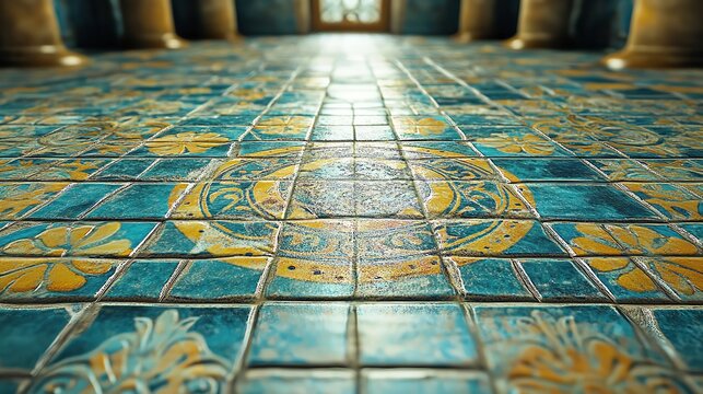 Detailed view of antique blue and yellow patterned ceramic floor tiles in a historical building interior
