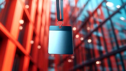 Blank ID badge hanging in modern architectural space with vibrant colors