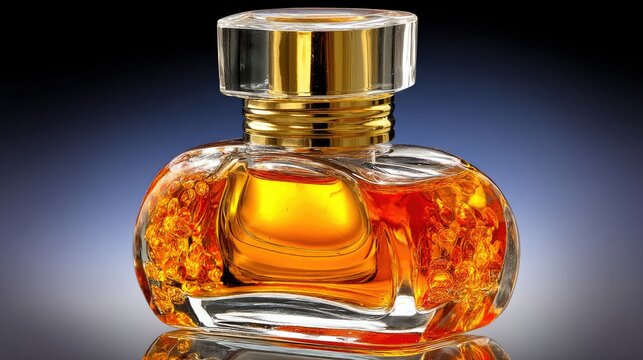 A close-up studio shot of an elegant, clear glass perfume bottle filled with amber-colored liquid and small golden particles. The bottle has a distinctive curve