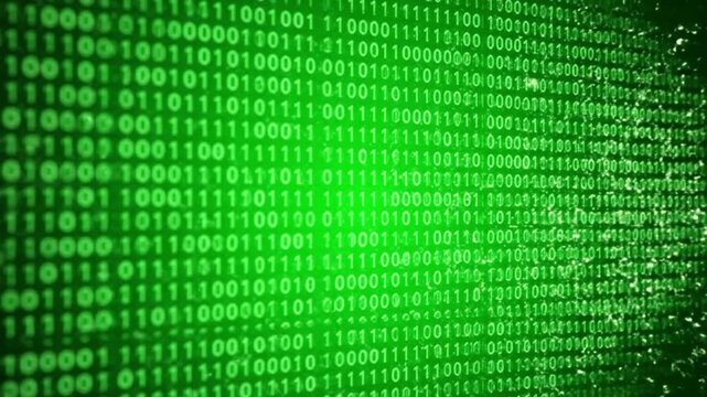 Digital stream of glowing green binary code flows across a dark background with abstract network connections.