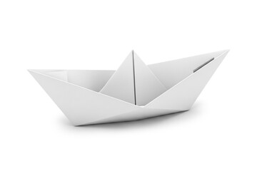 3D Render of White Origami Paper Boat on White Background