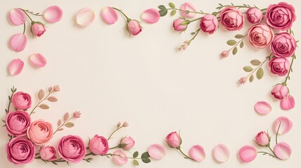 Pink roses and petals arranged on a cream background