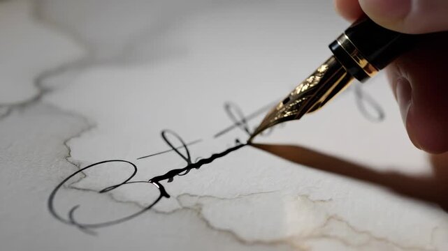 Elegant fountain pen inks delicate script on aged paper in a graceful flourishing motion