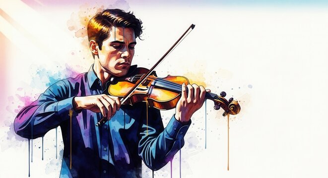 A young man passionately playing the violin, surrounded by a vibrant abstract background. The scene conveys creativity and musical expression.