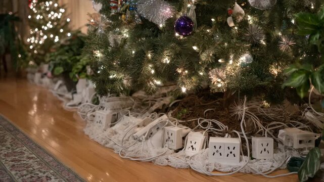 277Close-up of messy lights around tree base, extension cord bent and crowded with plugs, carpet visible beneath, highlighting overloaded socket hazard in festive setting