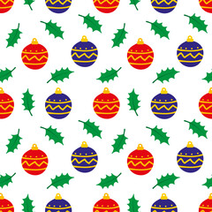 Christmas holly leaves and knickknacks in a seamless pattern in a flat vector style on a white background