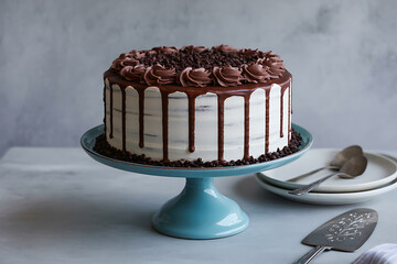 Black Forest Cake on Blue Cake Stand: Elegant Dessert Against Grey Background