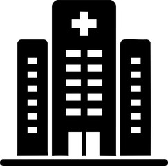 Flat black vector icon of a hospital building symbol with white background for medical design