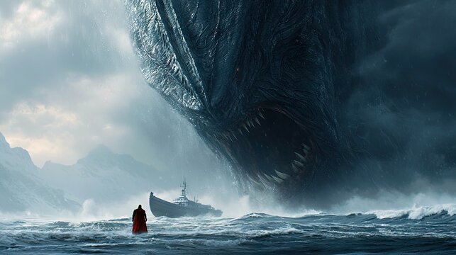 A lone figure in a red cloak stands in rough, choppy ocean waters, facing a colossal, monstrous sea creature with sharp teeth. A small ship is visible behind th