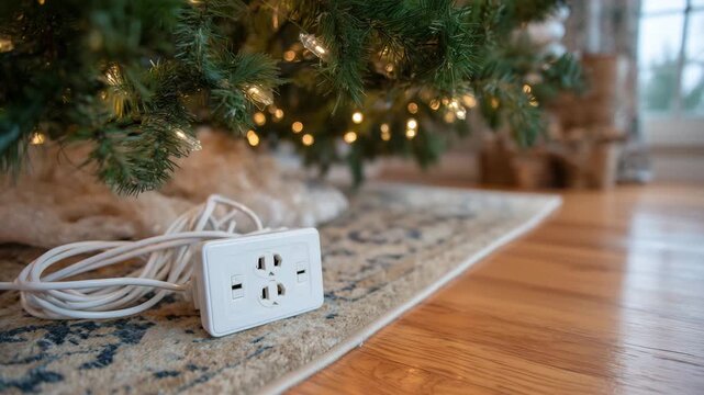 284Close-up of extension cord beneath Christmas tree, multiple plugs tangled with string lights on carpet, flickering bulbs emphasizing overloaded socket fire risk