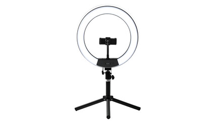 Ring light on tripod with phone holder