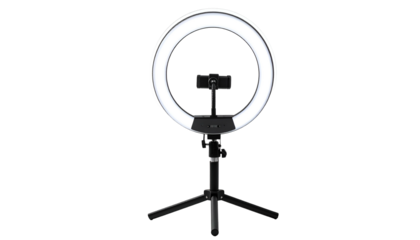 Ring light on tripod with phone holder