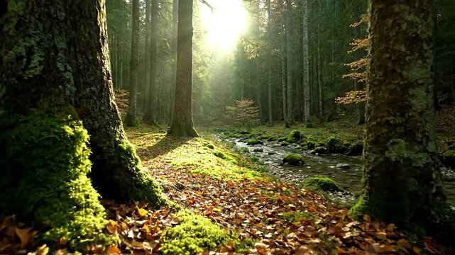 A serene, slow motion journey through a mystical temperate forest, focusing on the textures of tree bark, fallen leaves, and the gentle flow of a hidden stream.