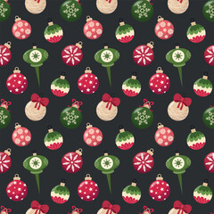 Seamless Christmas pattern featuring colorful holiday baubles in red, green, and gold tones on a dark background.
