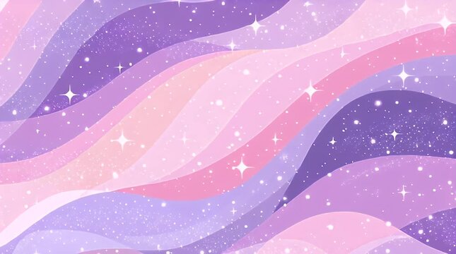 A pastel image features layered, flowing ribbons in shades of pink, lavender, and purple. White stars and dots are scattered