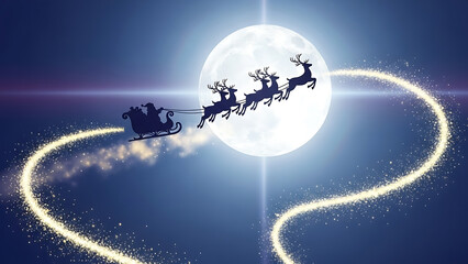 Naklejka premium Santa claus and reindeer flying through the night sky with a glowing moon