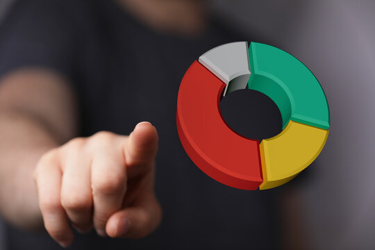 Hand pointing at a colorful pie chart, representing market analysis, data visualization, and business growth. Suitable for finance, marketing, a