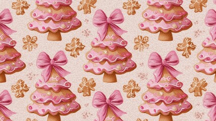 pink christmas bows and tree seamless gingerbread pattern in soft pastel style