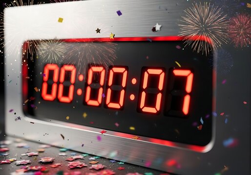 Countdown clock displaying time with digital numbers and fireworks in background