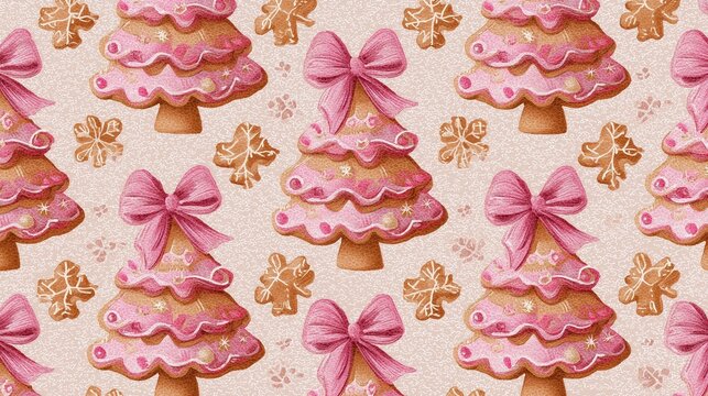pink christmas bows and tree seamless gingerbread pattern in soft pastel style