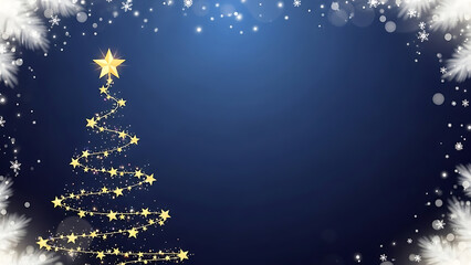 Sparkling christmas tree with star on dark blue background and snowflakes