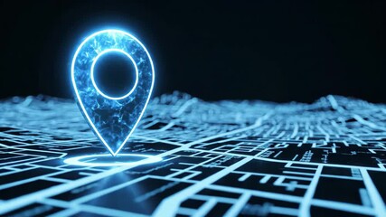 Dynamic glowing location pin pulsating on futuristic digital map for navigation apps - Powered by Adobe