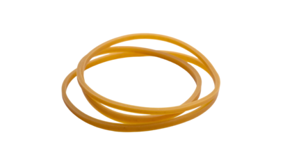 Three tan rubber bands twisted together on a solid black backdrop