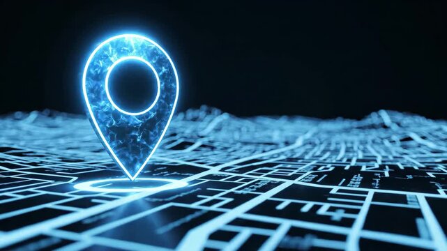 Dynamic glowing location pin pulsating on futuristic digital map for navigation apps