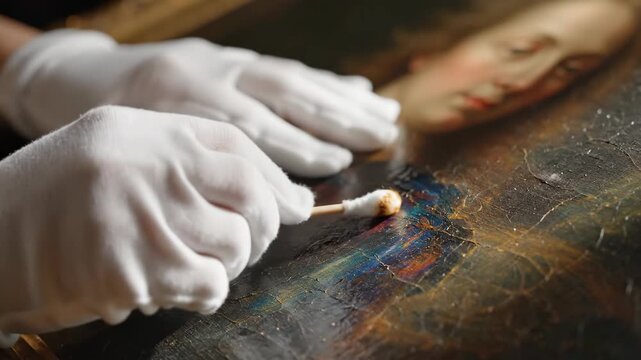 Gloved hands using cotton swab to clean painting surface. Delicate art restoration process revealing hidden colors. Conservation technique for artwork preservation in extreme closeup.