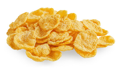 Cornflakes isolated on white background. Sugary sweet corn flake cereal in a pile
