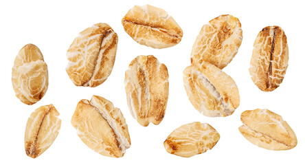  Levitating oats isolated on white background. Flying oat meals in the air. Rolled oats  collection