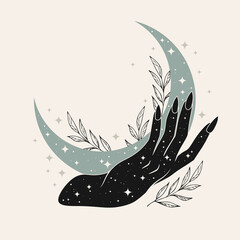Magical poster with crescent and herbs. Stars, woman hand. Hand drawn astrology symbol. For print for T-shirts and bags, decor element.