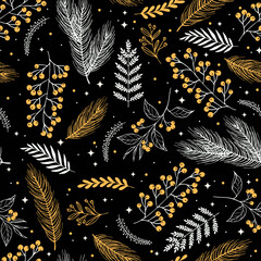 Winter seamless pattern with branches, leaves and berries for greeting cards, wrapping papers. Seamless christmas pattern. Vector illustration.