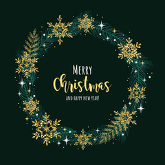Christmas and happy new year golden snowflakes and fir branches wreath. Vector green illustration. Nature design greeting card template. Winter holidays.