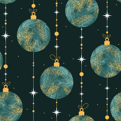 Christmas seamless pattern with balls, fir branches and stars on green background. Golden colors. Perfect for holiday invitations, winter greeting cards, wallpaper 