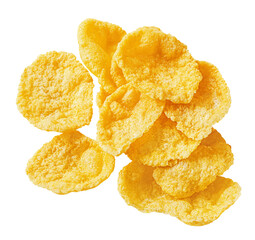 Cornflakes isolated on white background. Sugary sweet corn flake cereal in a pile top view. Flat lay