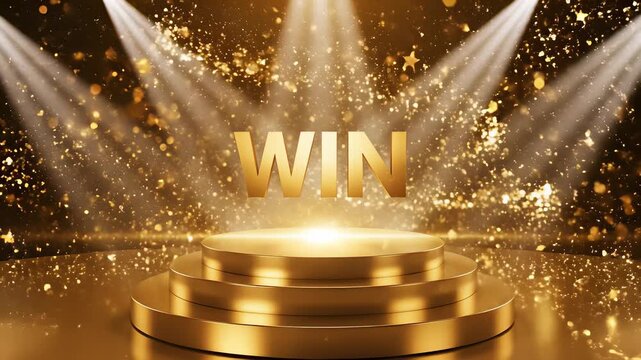 Gold Podium with Radiant Background and Spotlights, Conveying Triumph, Success, and Recognition, Perfect for Advertising Corporate Achievements or Promoting Motivational Messages in 4K UHD.