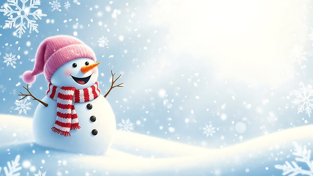 Happy snowman wearing pink hat and scarf in snowy winter landscape