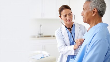 A caring healthcare professional uses a stethoscope to examine an elderly patient in a bright, modern clinic setting, conveying trust and compassion.