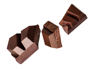  Levitating dark chocolate pieces isolated on white.Flying Broken Chocolate chunks. Chocolate explosion.