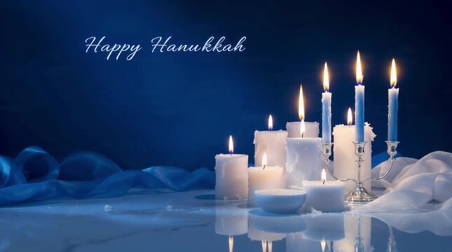 Menorah with lit candles on a reflective surface with a dark background and Hanukkah greeting