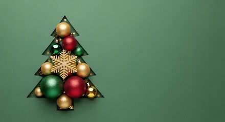 Christmas Tree Silhouette Filled With Ornaments and Snowflake - Green Background