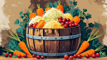 Fresh vegetables in a wooden barrel on a rustic background