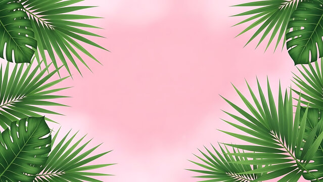 Tropical green palm leaves frame a soft pink background for copy space - Powered by Adobe