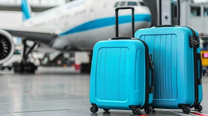 Travel luggage at airport terminal with airplane in background for adventurous journeys