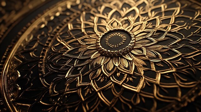 Closeup of an intricate golden mandala pattern with detailed floral motifs on a dark, luxurious background
