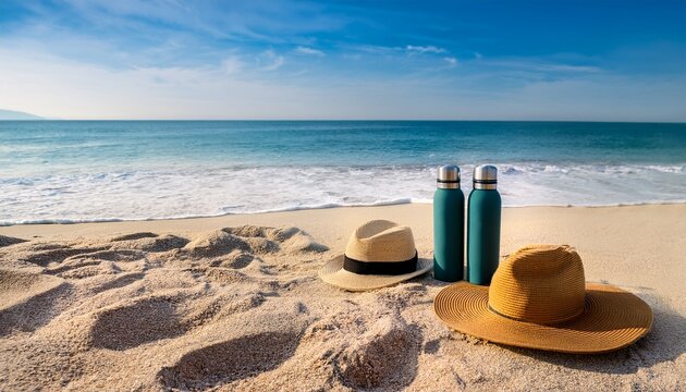 stylish beach accessories including hats and insulated bottles on sandy shoreline near ocean