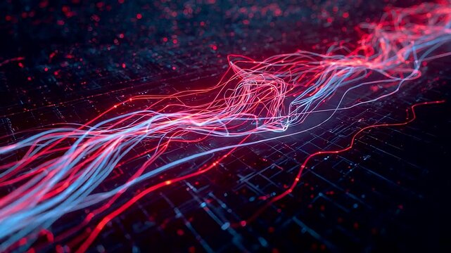 Flowing red and blue energy streams moving across a dark digital surface creating a dynamic abstract pattern of glowing motion and light effects