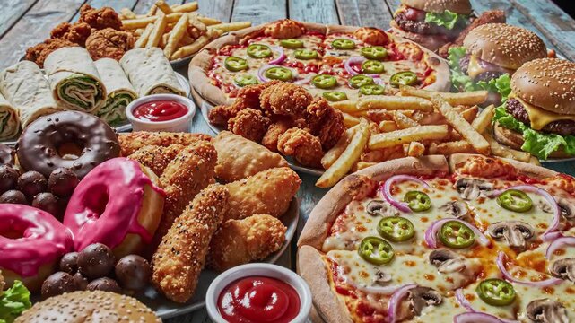 Mouthwatering fast food feast featuring pizza, burgers, fries, and wraps on rustic wood
