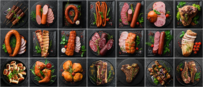 Collage of photos of cooked steaks, salami and sausages. Top view. Photo set.